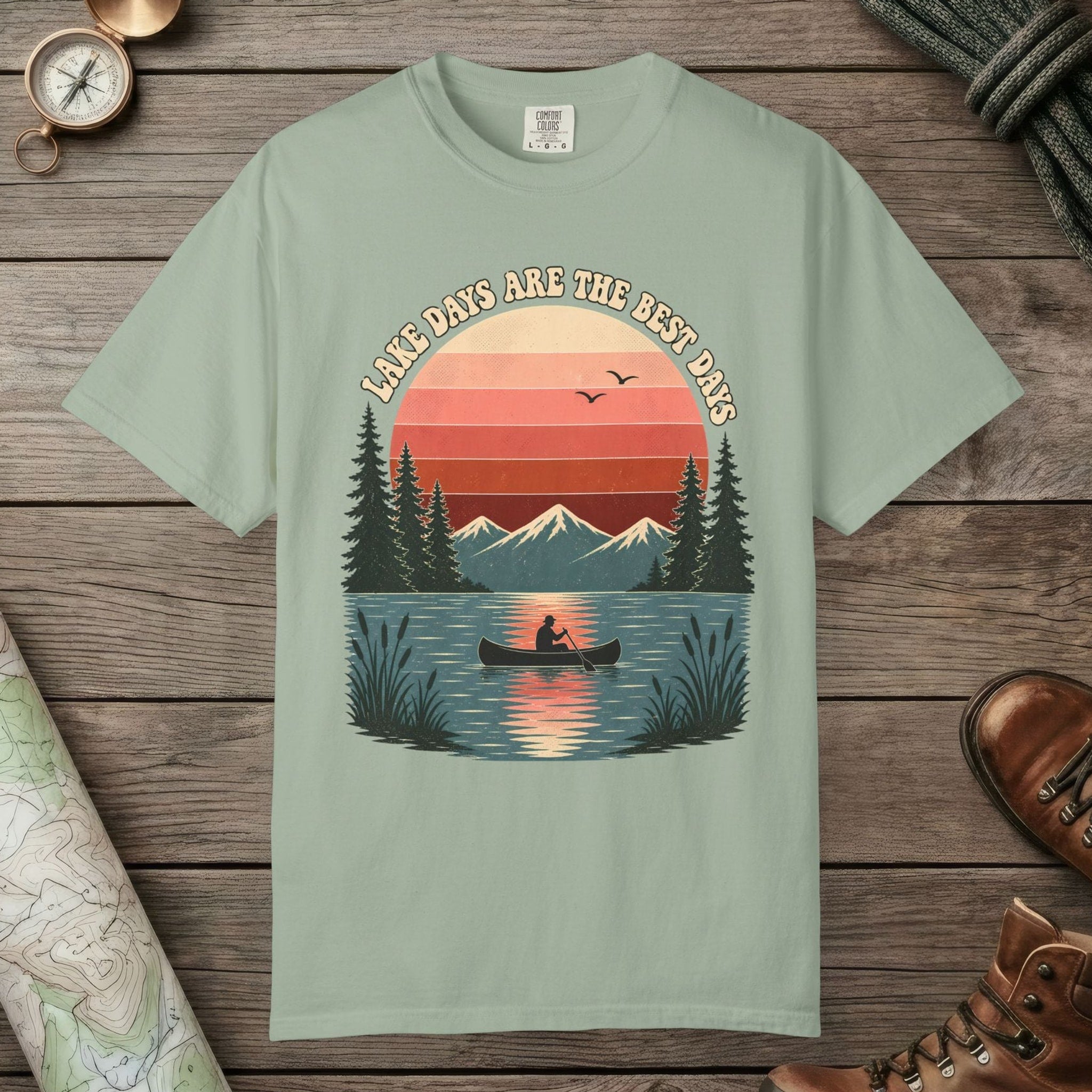 Bay color unisex graphic t-shirt with "Retro Lake Day" design