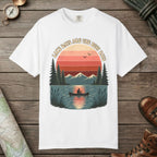 White color unisex graphic t-shirt with "Retro Lake Day" design
