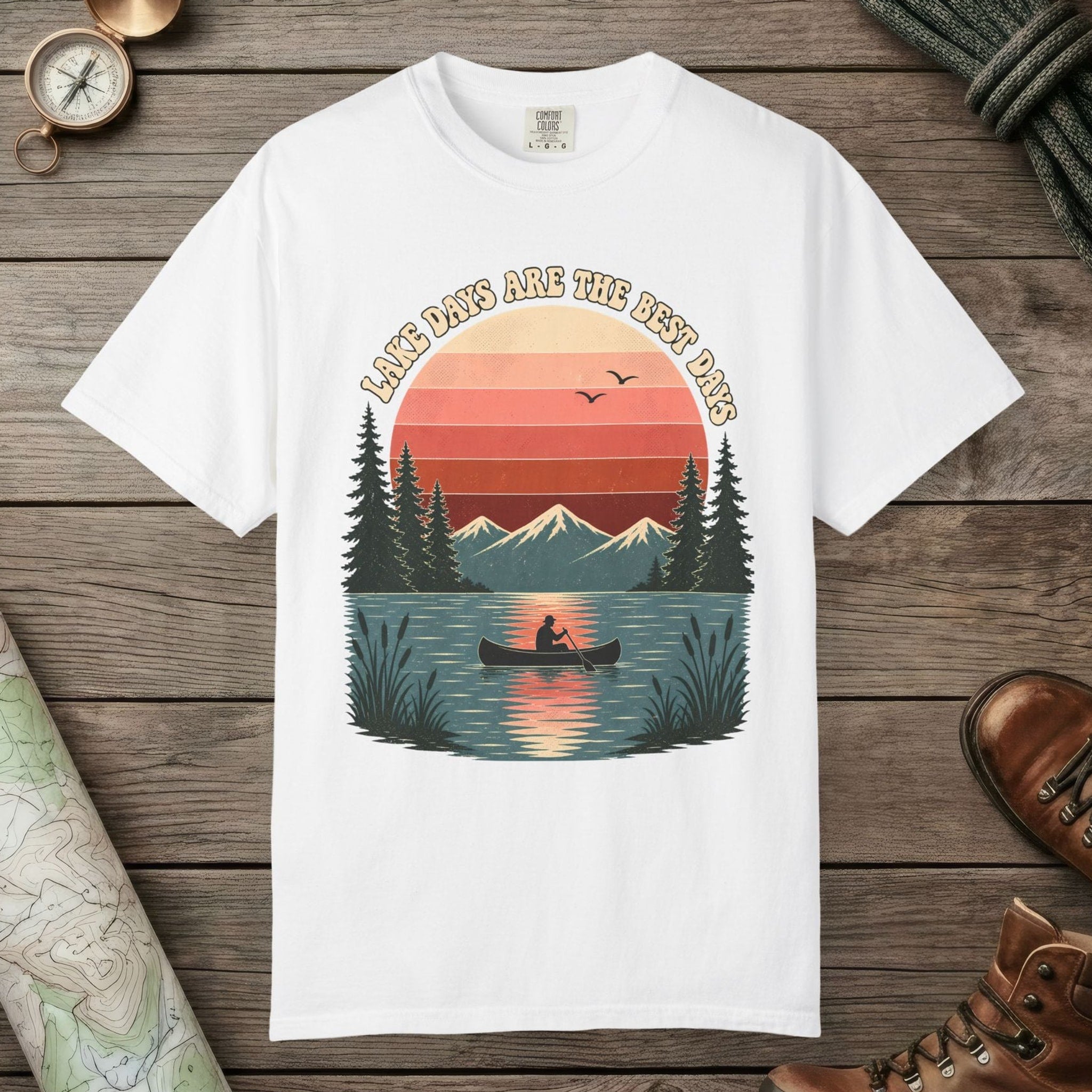 White color unisex graphic t-shirt with "Retro Lake Day" design