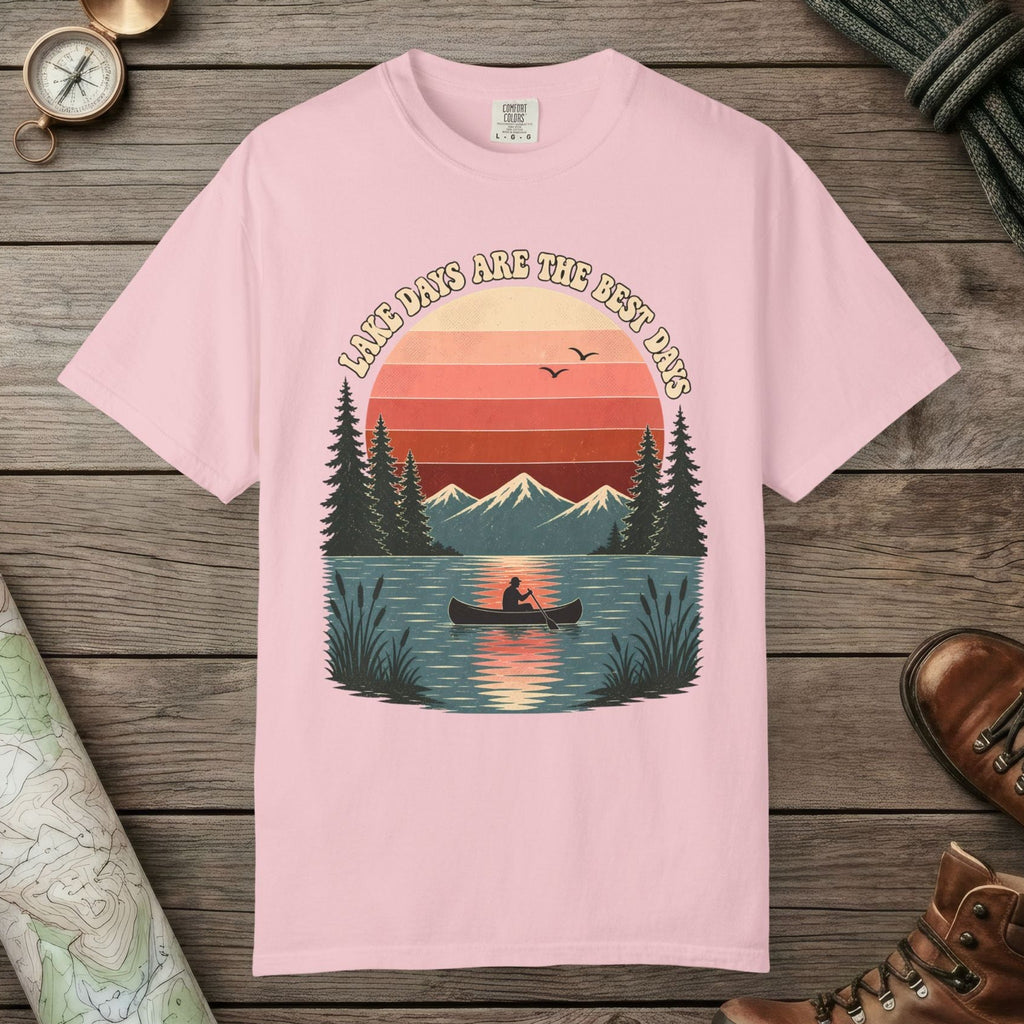 Blossom color unisex graphic t-shirt with "Retro Lake Day" design