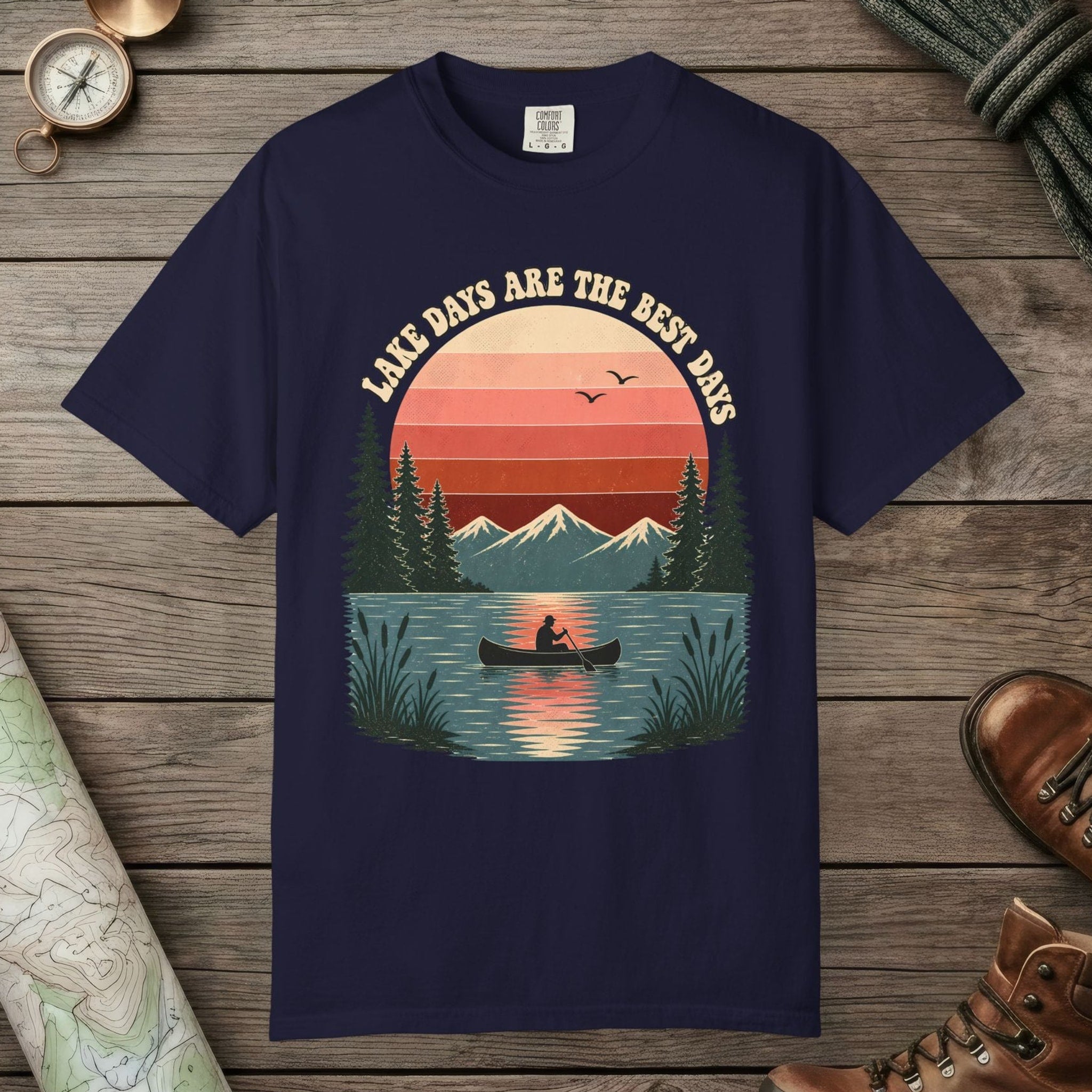 True Navy color unisex graphic t-shirt with "Retro Lake Day" design