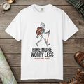 White color unisex graphic t-shirt with "Skeleton Hiking" design