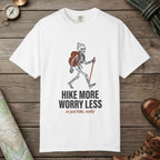 White color unisex graphic t-shirt with "Skeleton Hiking" design