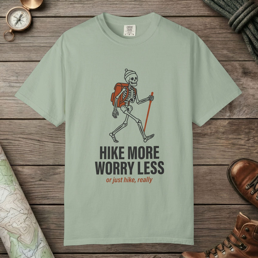 Bay color unisex graphic t-shirt with "Skeleton Hiking" design