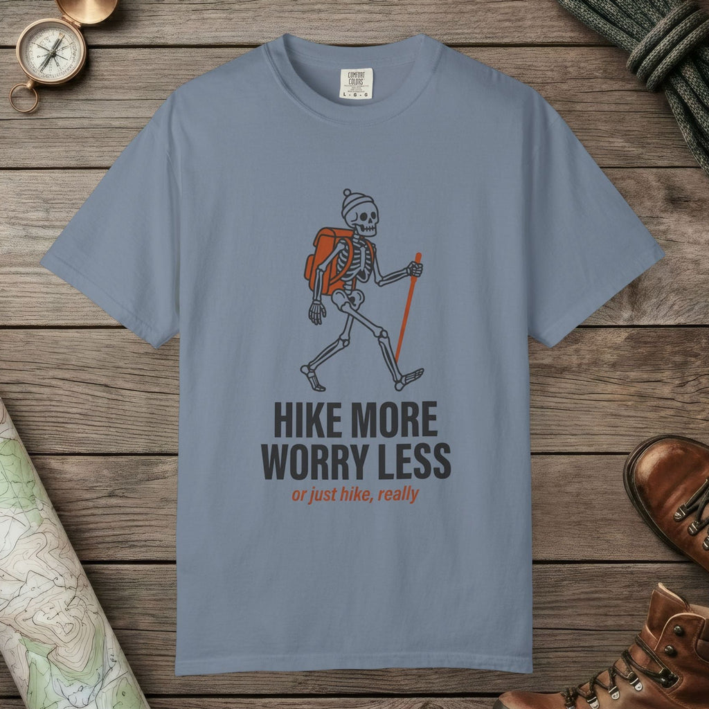 Blue Jean color unisex graphic t-shirt with "Skeleton Hiking" design