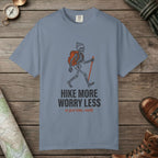 Blue Jean color unisex graphic t-shirt with "Skeleton Hiking" design
