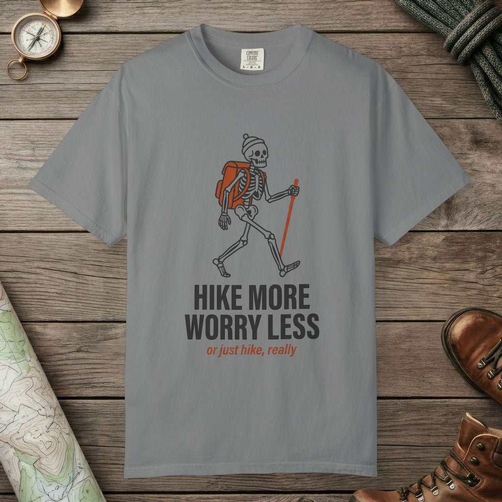 Grey color unisex graphic t-shirt with "Skeleton Hiking" design