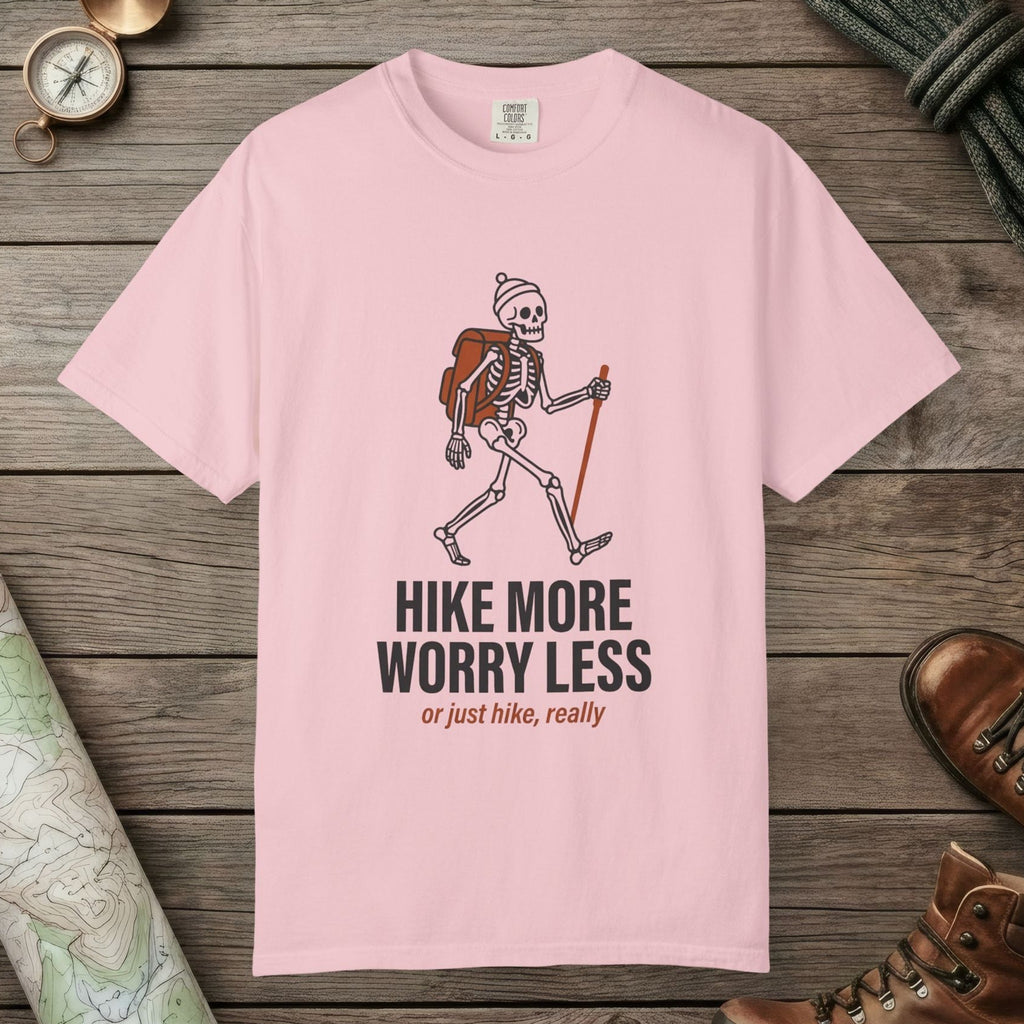 Blossom color unisex graphic t-shirt with "Skeleton Hiking" design