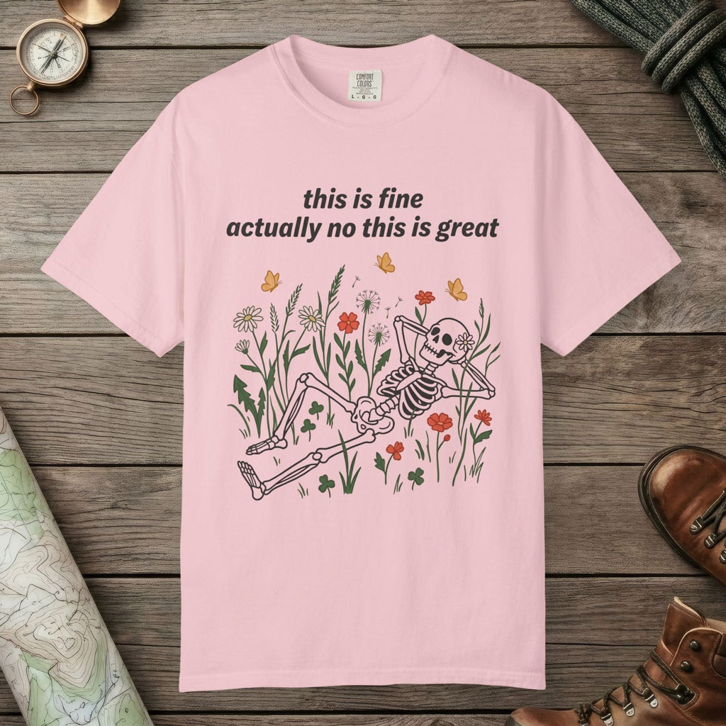 Blossom color unisex graphic t-shirt with "Skeleton in Wildflower Field" design