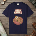 True Navy color unisex graphic t-shirt with "Sloth Chilling" design