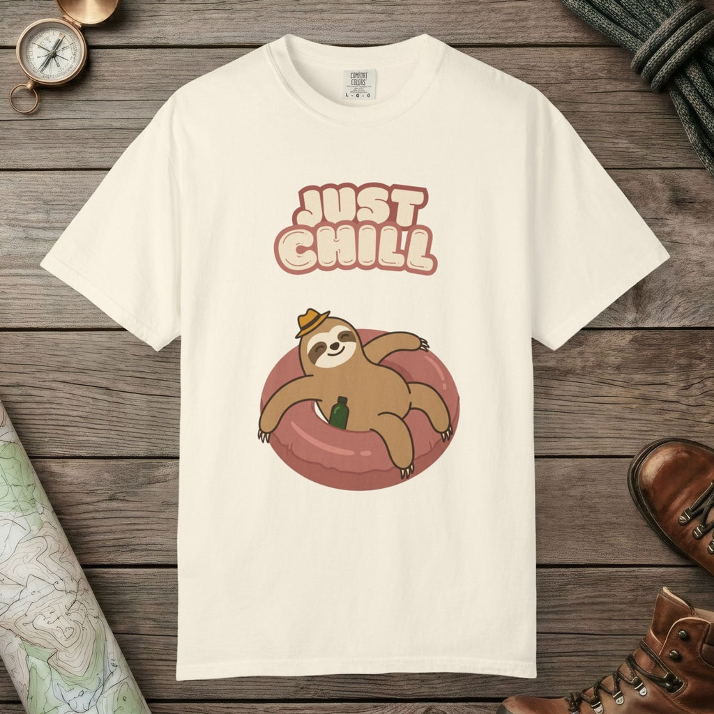 Ivory color unisex graphic t-shirt with "Sloth Chilling" design