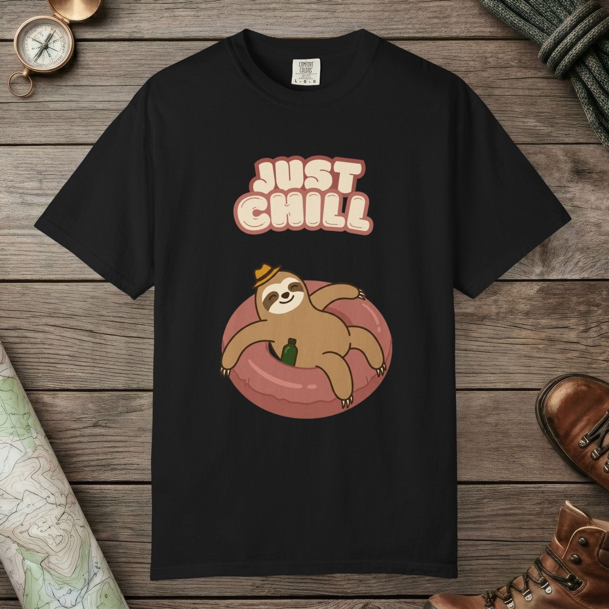 Black color unisex graphic t-shirt with "Sloth Chilling" design