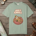 Bay color unisex graphic t-shirt with "Sloth Chilling" design