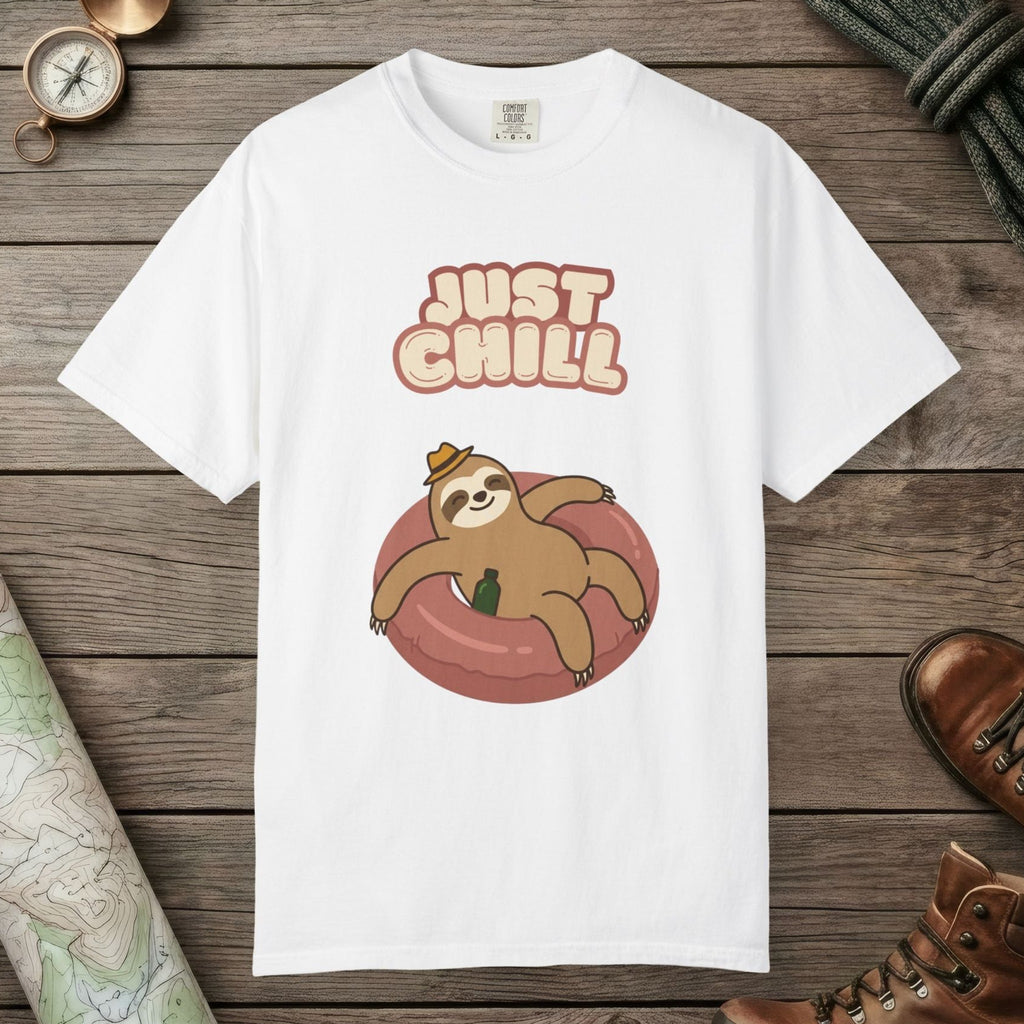 White color unisex graphic t-shirt with "Sloth Chilling" design