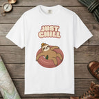 White color unisex graphic t-shirt with "Sloth Chilling" design