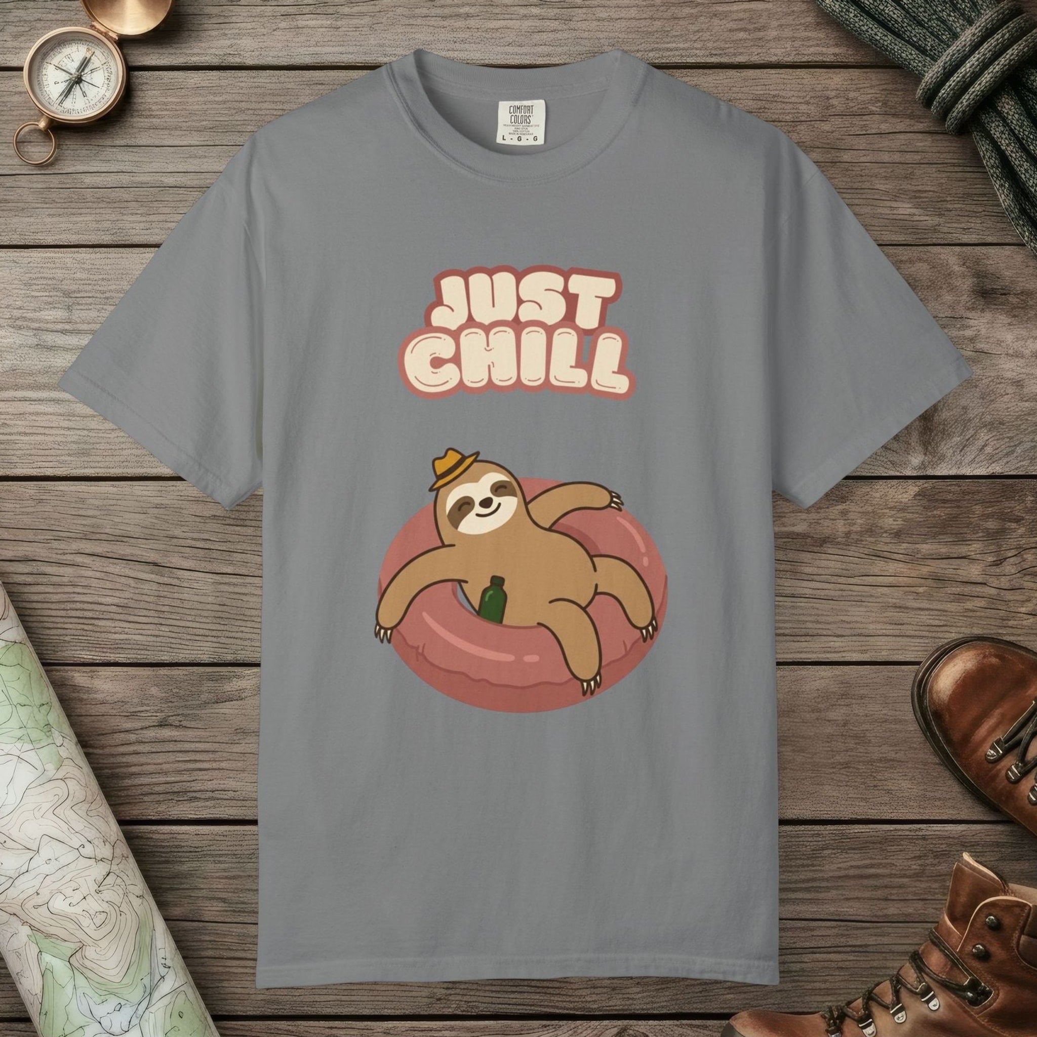 Grey color unisex graphic t-shirt with "Sloth Chilling" design
