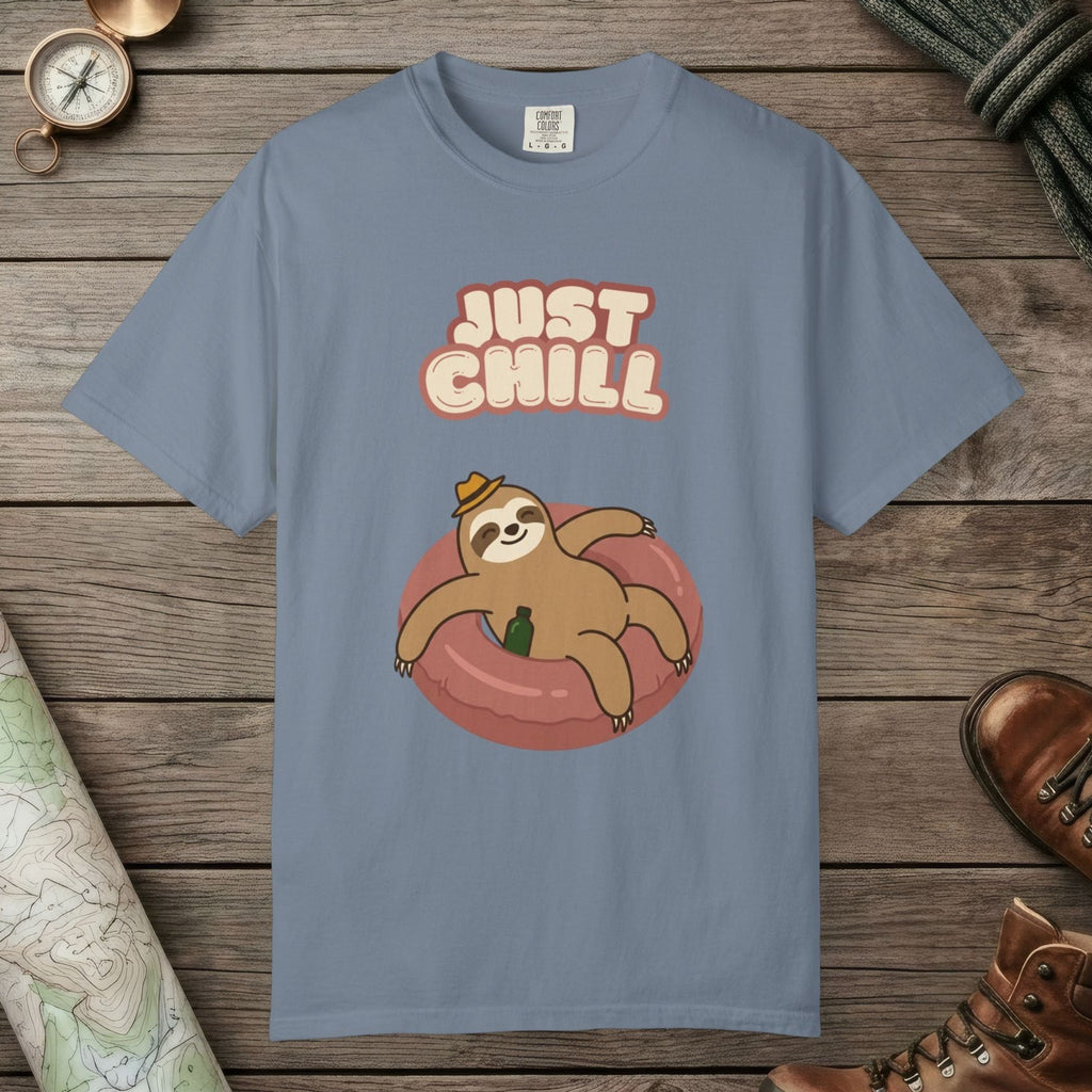 Blue Jean color unisex graphic t-shirt with "Sloth Chilling" design
