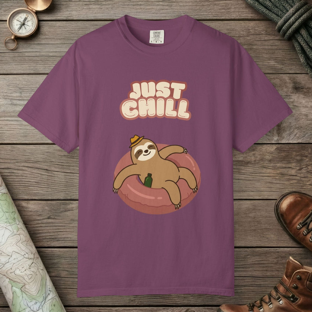 Berry color unisex graphic t-shirt with "Sloth Chilling" design