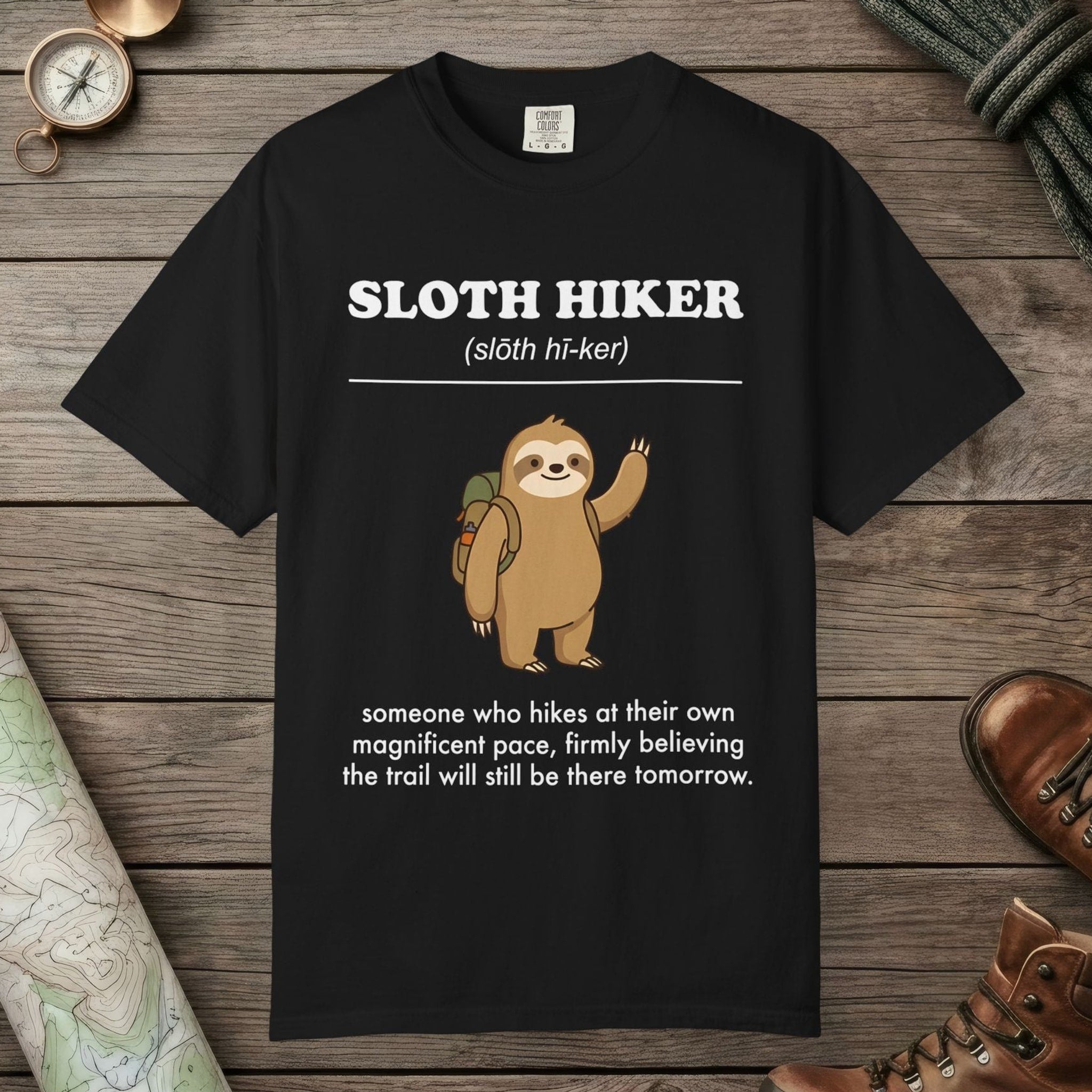 Black color unisex graphic t-shirt with "Sloth Hiker Definition 2" design