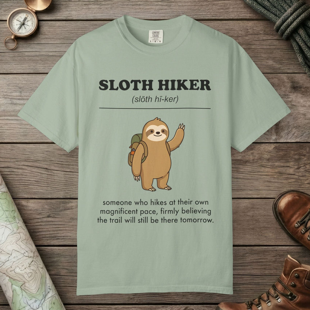 Bay color unisex graphic t-shirt with "Sloth Hiker Definition 2" design