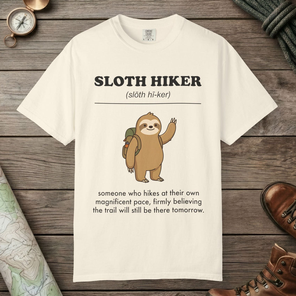 Ivory color unisex graphic t-shirt with "Sloth Hiker Definition 2" design