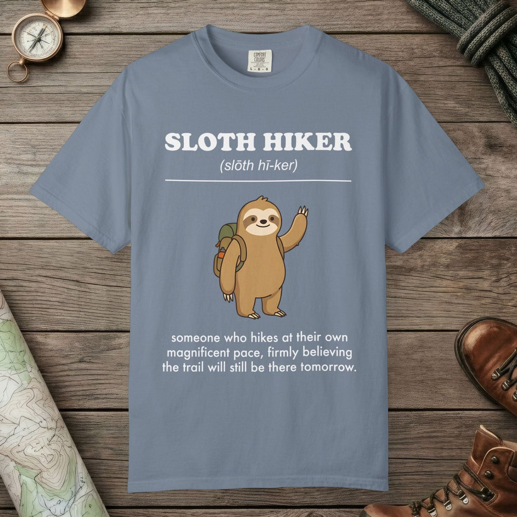 Blue Jean color unisex graphic t-shirt with "Sloth Hiker Definition 2" design
