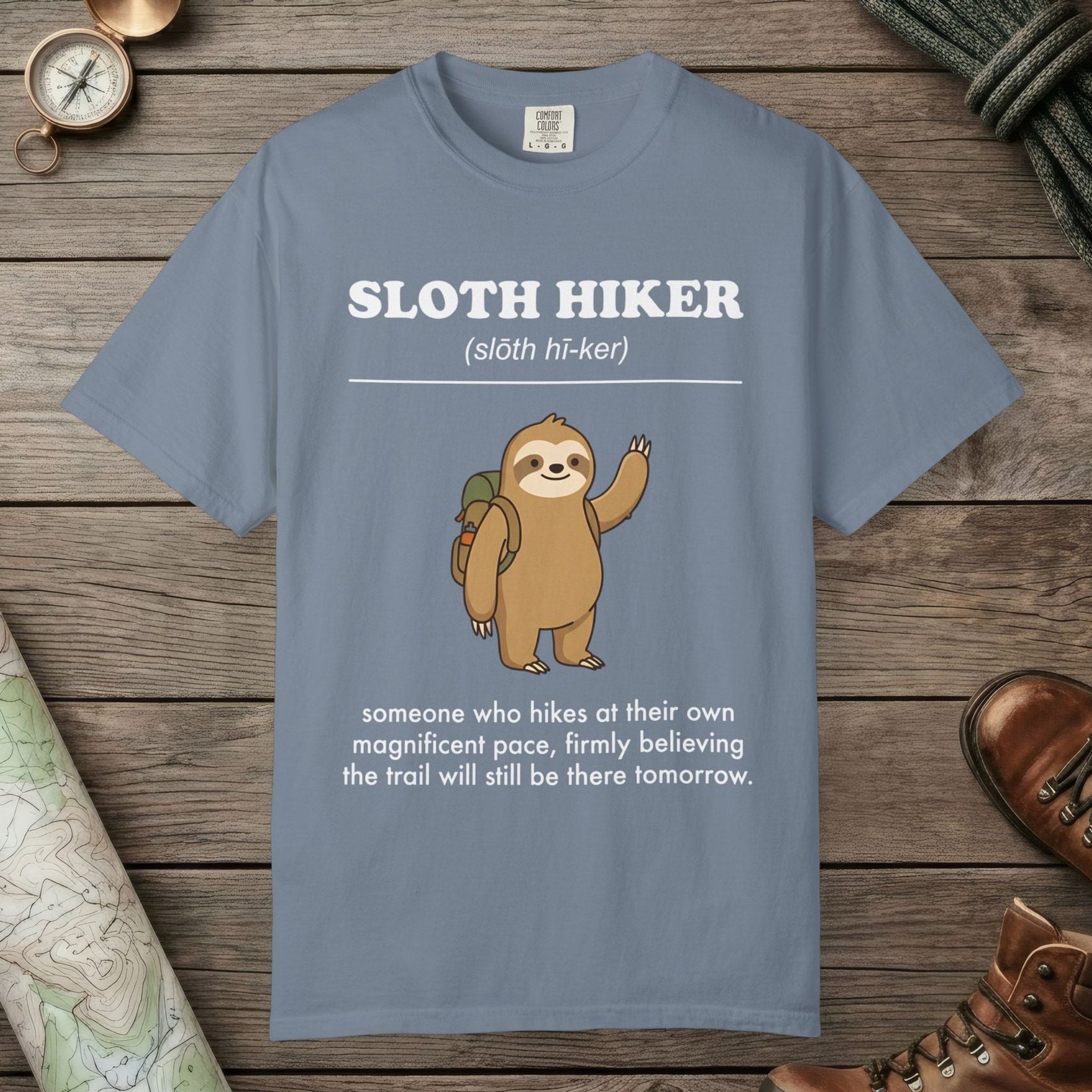 Blue Jean color unisex graphic t-shirt with "Sloth Hiker Definition 2" design
