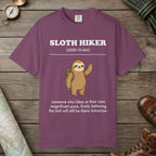Berry color unisex graphic t-shirt with "Sloth Hiker Definition 2" design