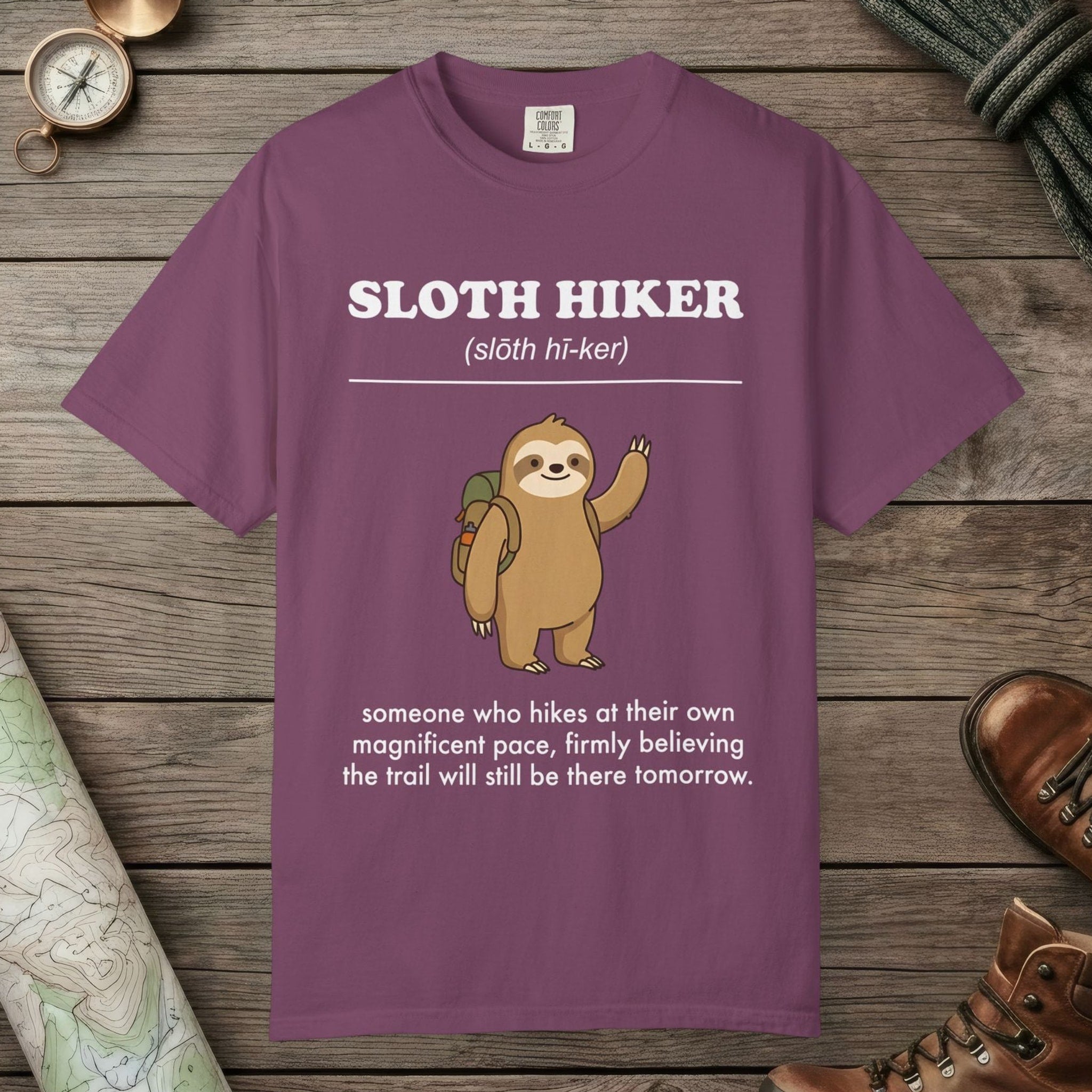 Berry color unisex graphic t-shirt with "Sloth Hiker Definition 2" design