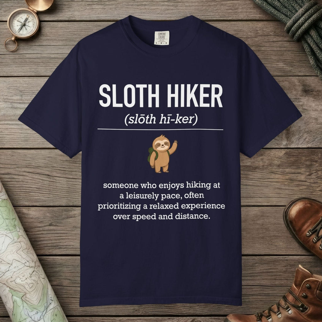 True Navy color unisex graphic t-shirt with "Sloth Hiker Definition" design