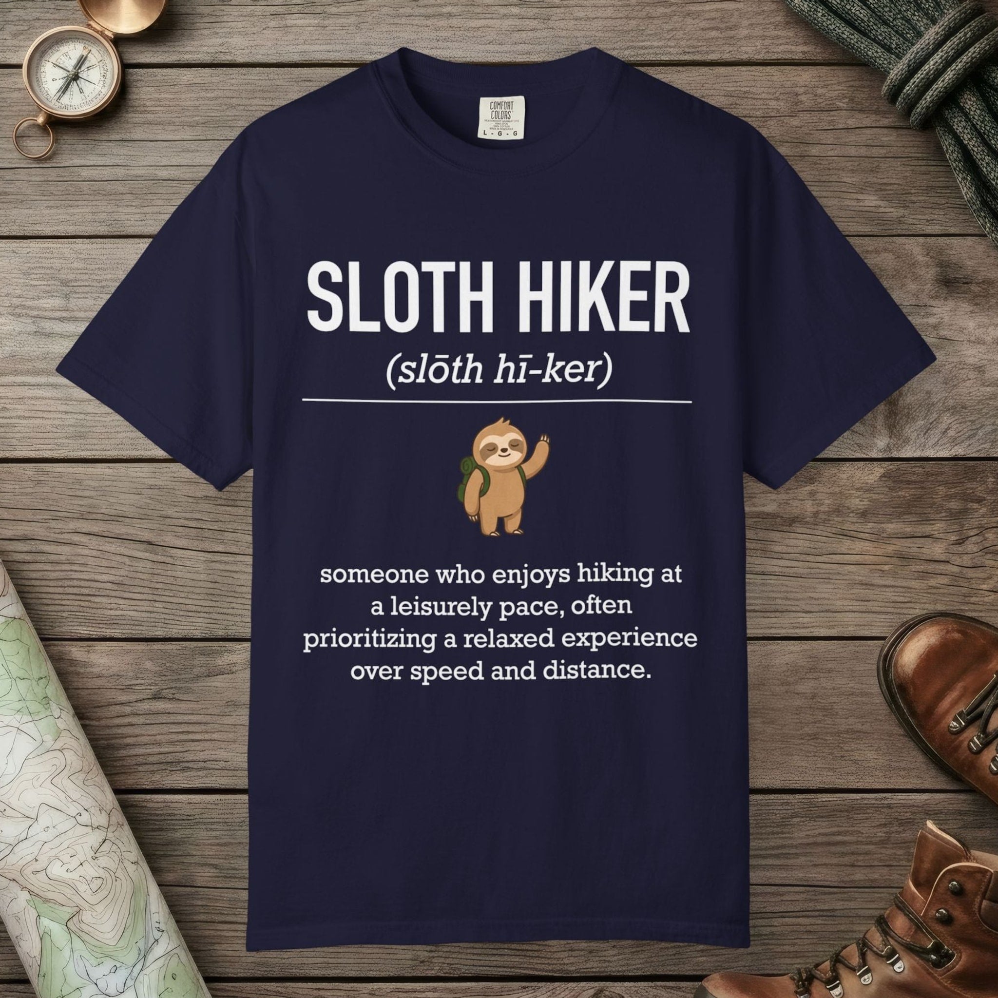 True Navy color unisex graphic t-shirt with "Sloth Hiker Definition" design
