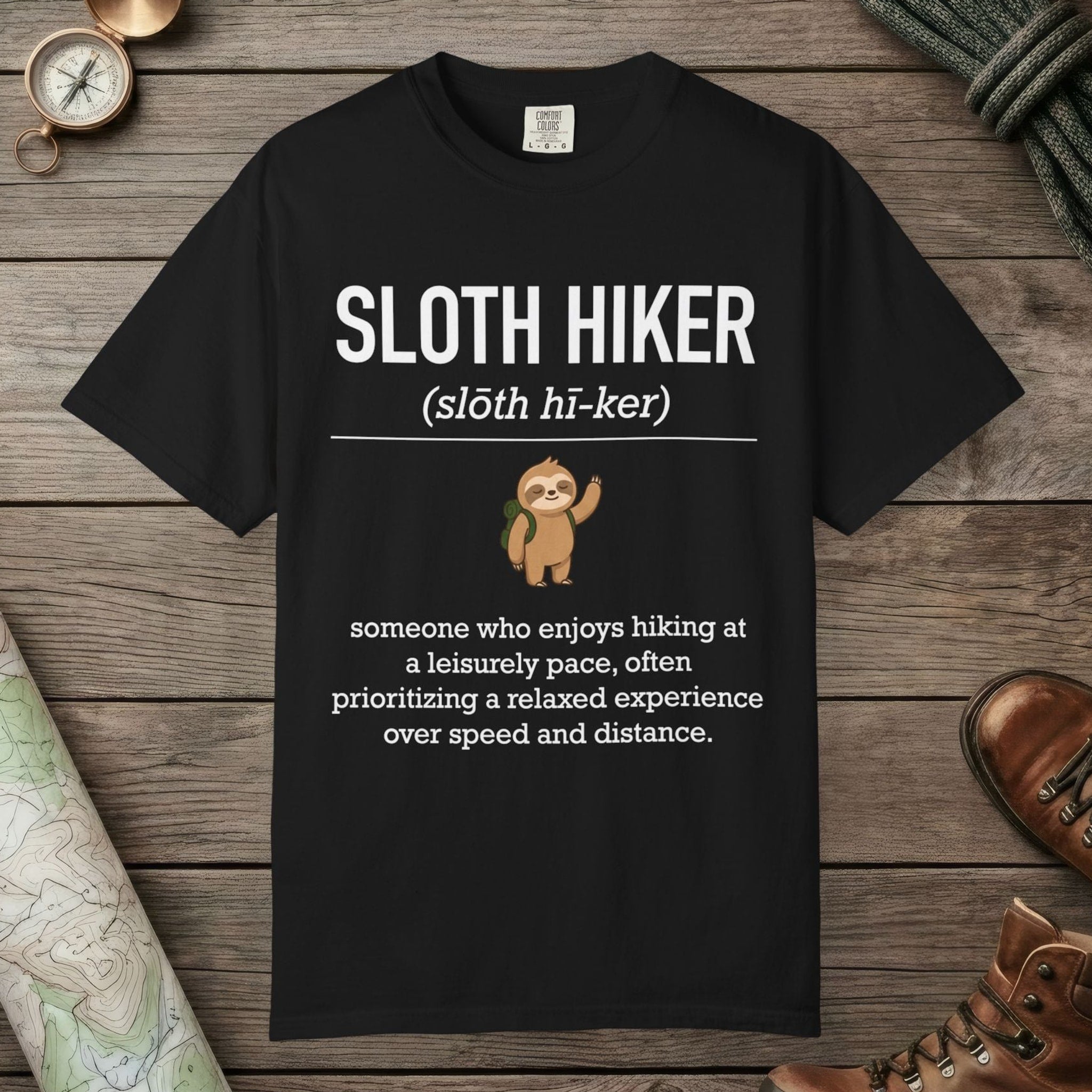 Black color unisex graphic t-shirt with "Sloth Hiker Definition" design
