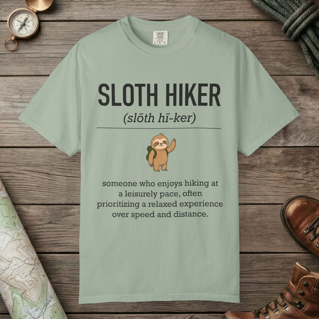 Bay color unisex graphic t-shirt with "Sloth Hiker Definition" design