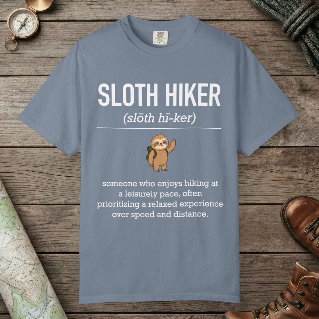 Blue Jean color unisex graphic t-shirt with "Sloth Hiker Definition" design