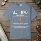 Blue Jean color unisex graphic t-shirt with "Sloth Hiker Definition" design
