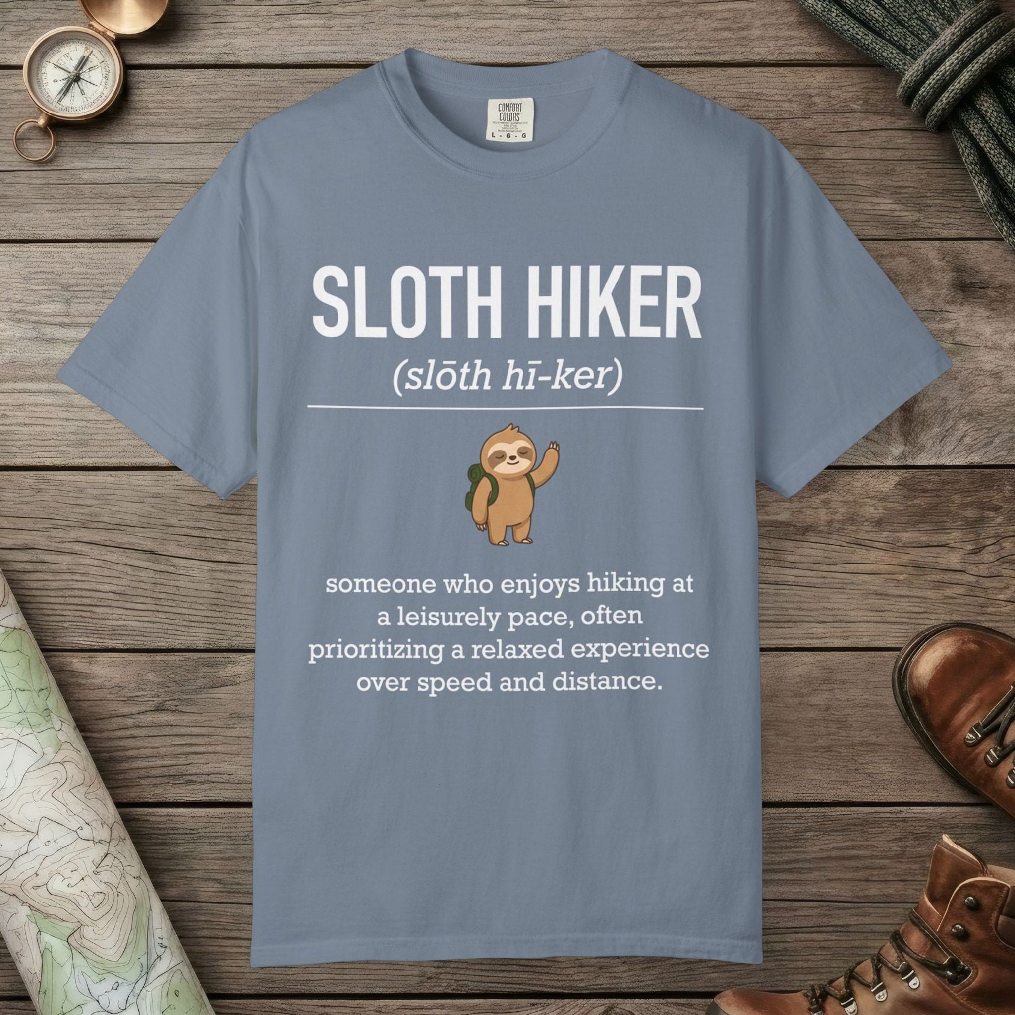 Blue Jean color unisex graphic t-shirt with "Sloth Hiker Definition" design