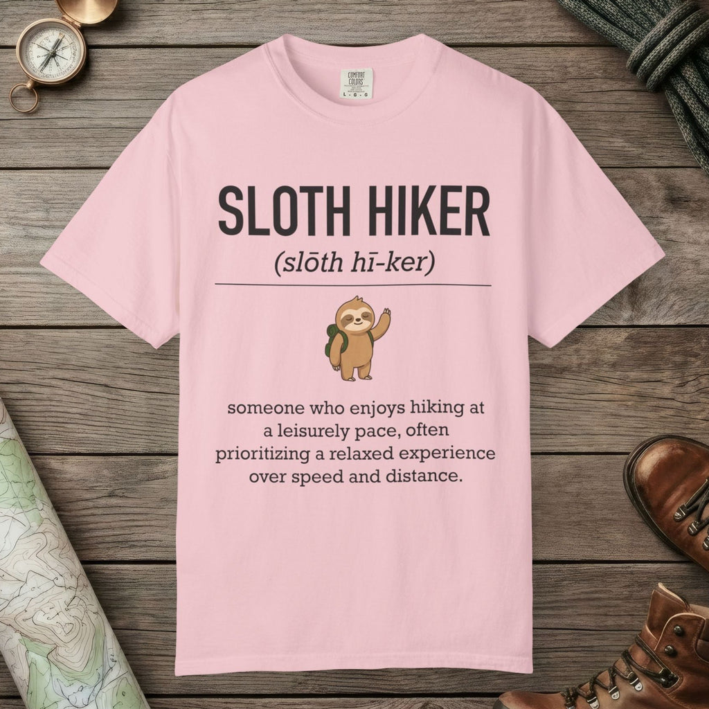 Blossom color unisex graphic t-shirt with "Sloth Hiker Definition" design