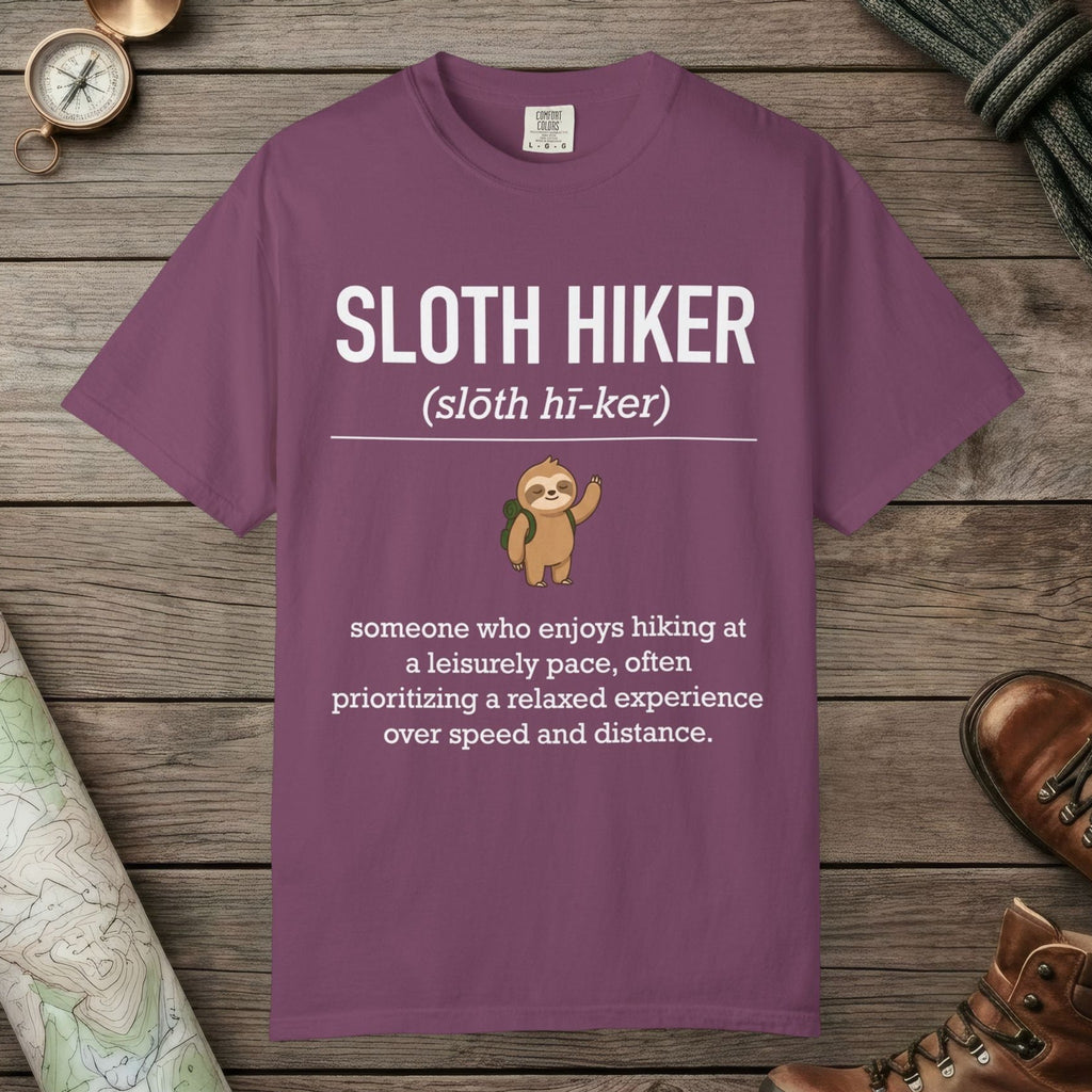 Berry color unisex graphic t-shirt with "Sloth Hiker Definition" design