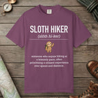 Berry color unisex graphic t-shirt with "Sloth Hiker Definition" design