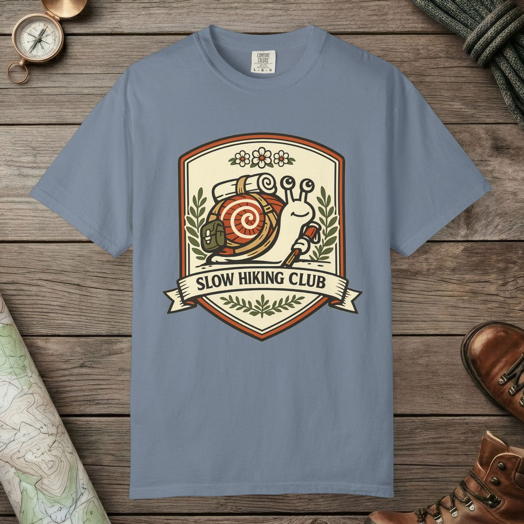 Blue Jean color unisex graphic t-shirt with "Slow Hiking Club" design