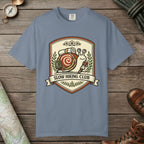 Blue Jean color unisex graphic t-shirt with "Slow Hiking Club" design