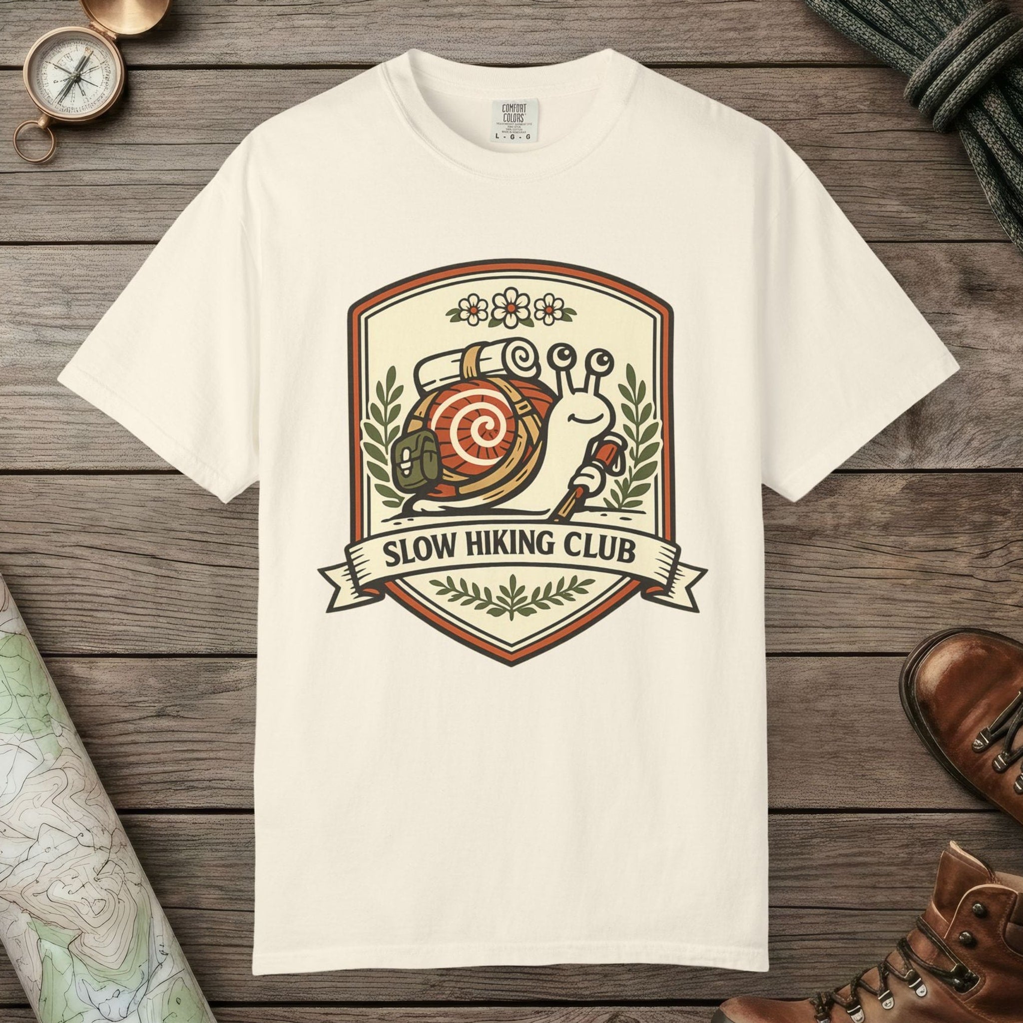 Ivory color unisex graphic t-shirt with "Slow Hiking Club" design