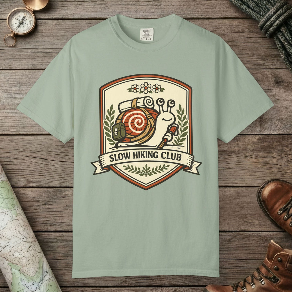 Bay color unisex graphic t-shirt with "Slow Hiking Club" design