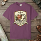 Berry color unisex graphic t-shirt with "Slow Hiking Club" design