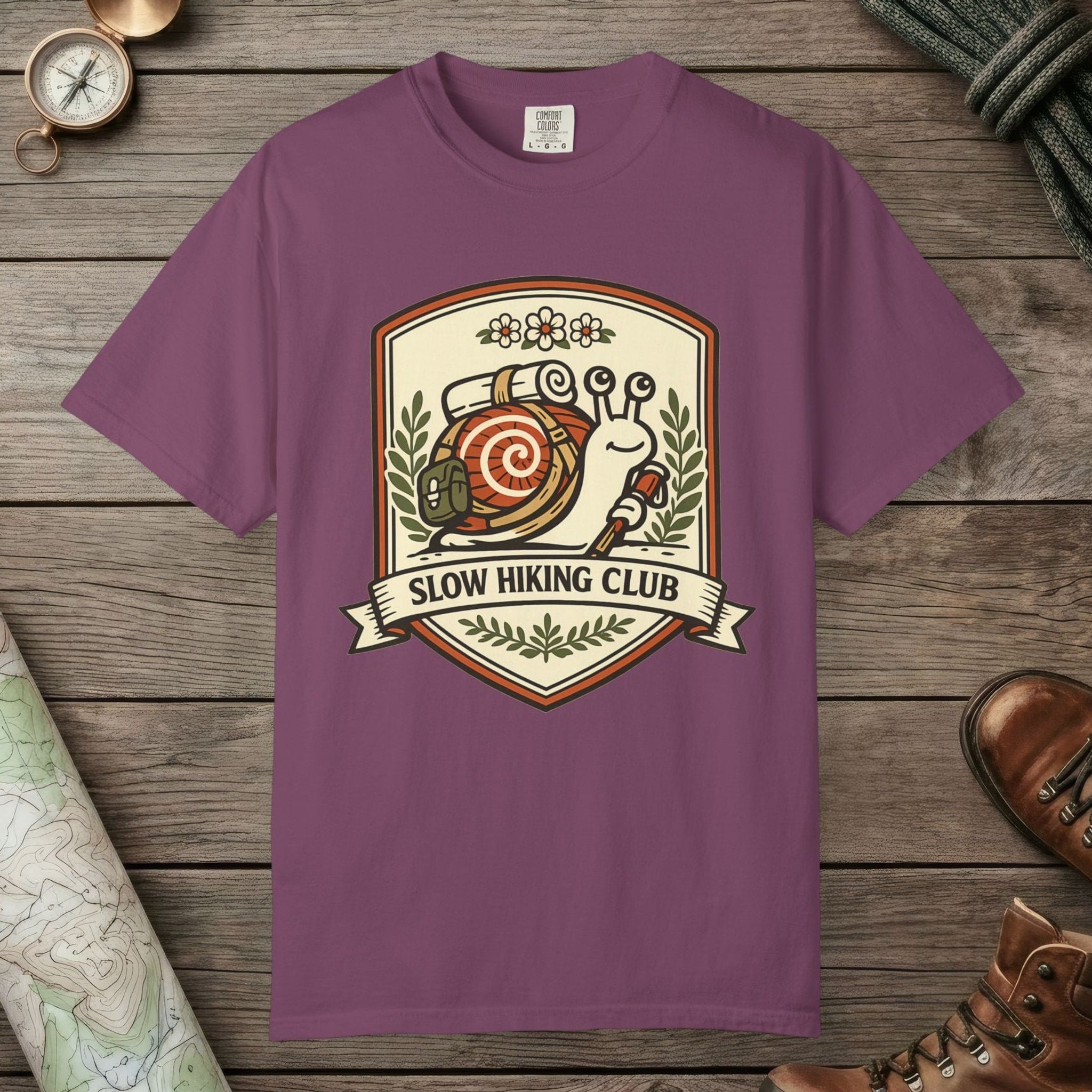 Berry color unisex graphic t-shirt with "Slow Hiking Club" design
