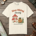 Ivory color unisex graphic t-shirt with "Slow Hiking Society" design