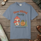 Blue Jean color unisex graphic t-shirt with "Slow Hiking Society" design