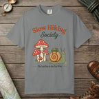 Grey color unisex graphic t-shirt with "Slow Hiking Society" design