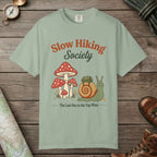 Bay color unisex graphic t-shirt with "Slow Hiking Society" design