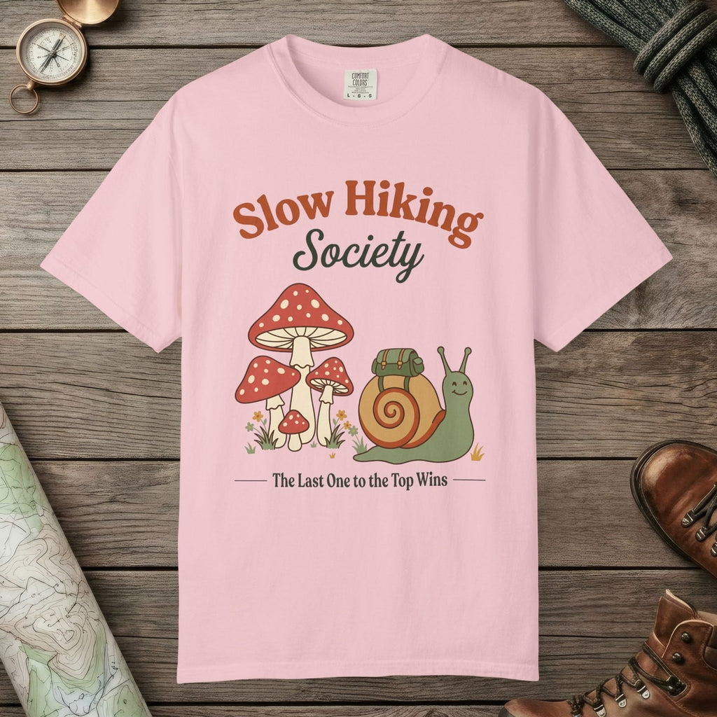 Blossom color unisex graphic t-shirt with "Slow Hiking Society" design